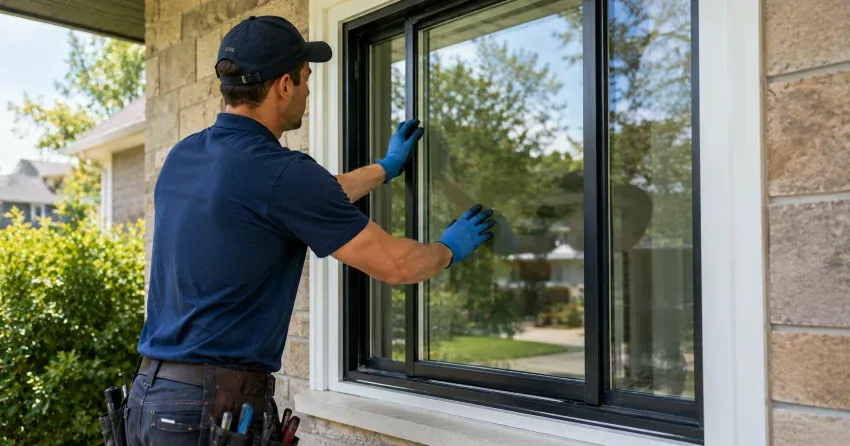 technician measuring a broken window pane for replacement in Clarkson, Cambridge