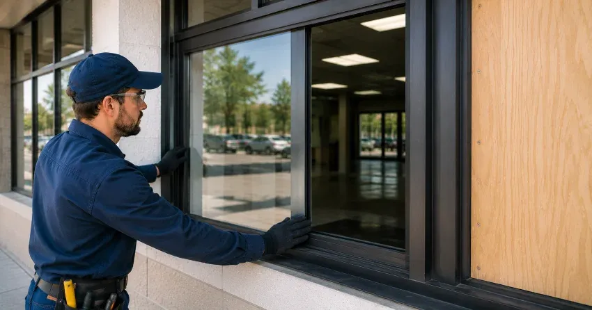technician boarding a broken window after a break-in in Branchton, Cambridge