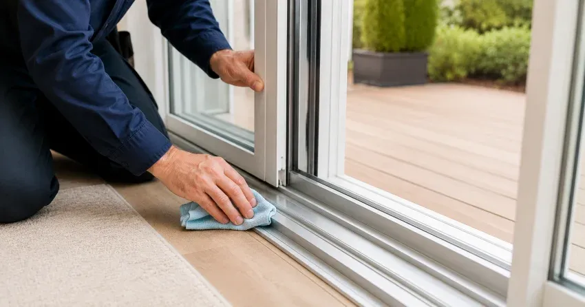 technician inspecting a sliding patio door track in Cambridge