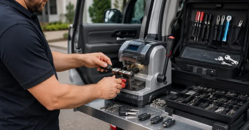 technician cutting a replacement car door lock key in Christopher-Champlain, Cambridge