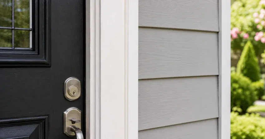 technician inspecting door jamb behind cracked casing in Westview, Cambridge home
