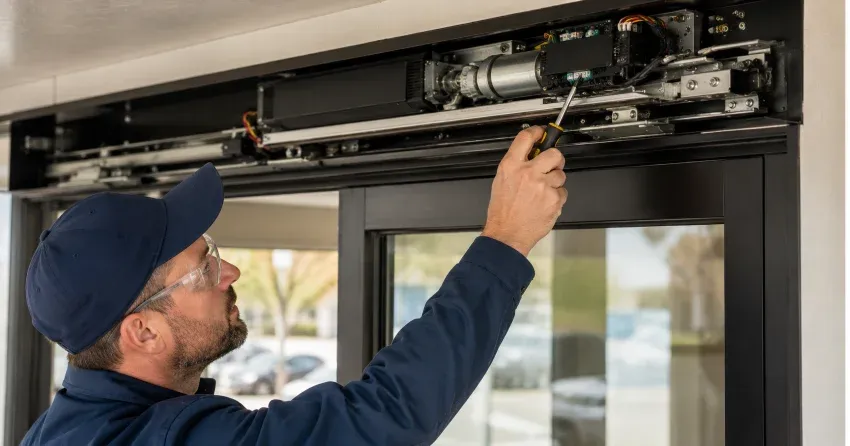 technician completing automatic door repair on residential property in Branchton, Cambridge