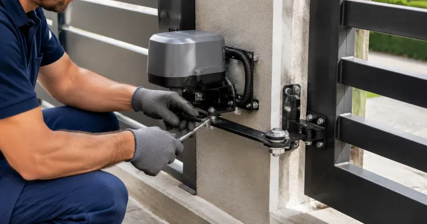 technician diagnosing automatic gate motor and control panel in Fiddlesticks, Cambridge