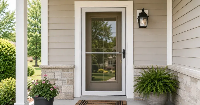 technician hanging storm door square and plumb in Cambridge