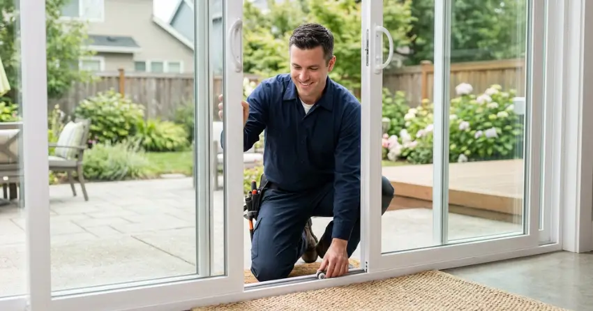 technician diagnosing a sticking patio door in Christopher-Champlain, Cambridge