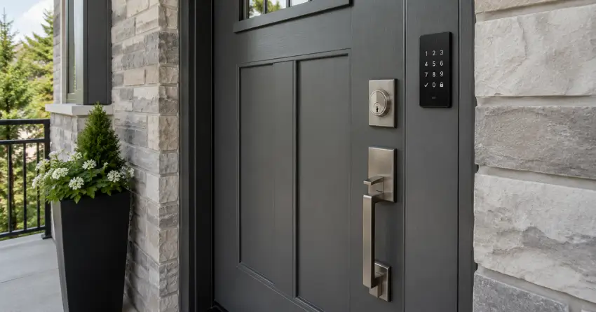 High-security door hardware and access control keypad installed on a residential entry door in Fiddlesticks, Cambridge