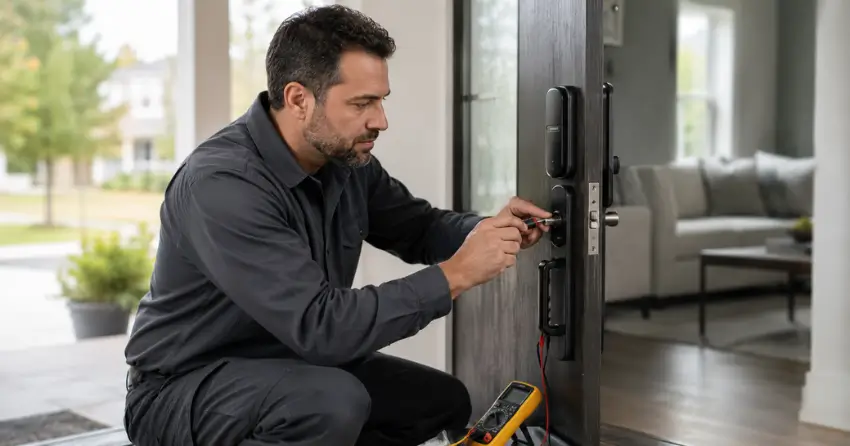 technician diagnosing automatic door lock mechanism on residential door in Christopher-Champlain, Cambridge