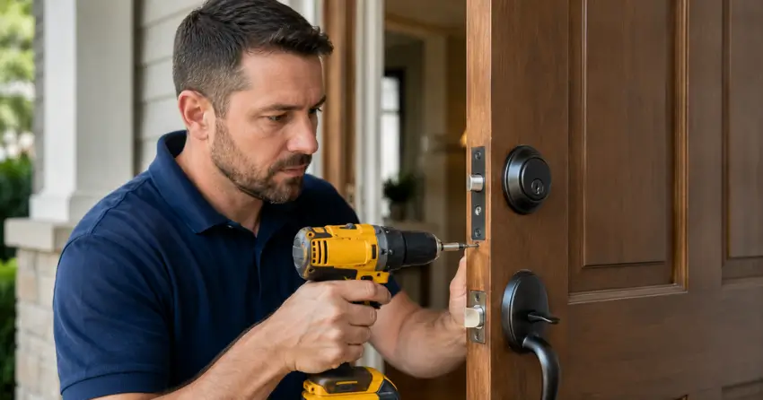 technician installing a new deadbolt during Change Door Lock Coronation, Cambridge service