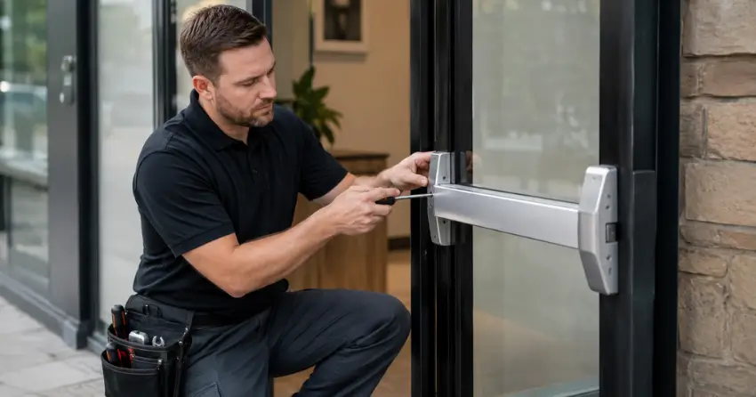 commercial locksmith repairing exit device on storefront door Christopher-Champlain, Cambridge