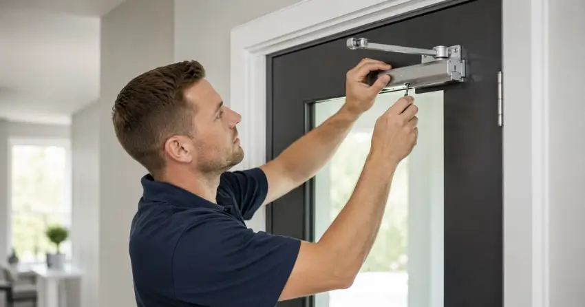 technician adjusting door closer hydraulic valve in Christopher-Champlain, Cambridge home
