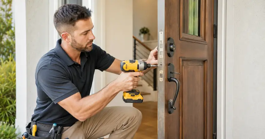 locksmith installing new deadbolt lock on front door in Fiddlesticks, Cambridge