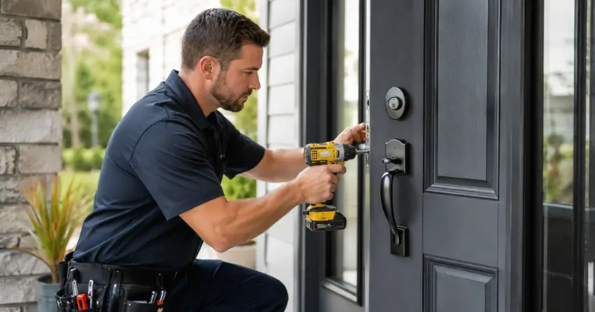 locksmith installing deadbolt lock on exterior door in Christopher-Champlain, Cambridge