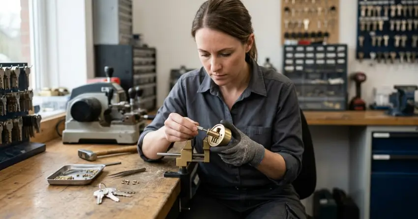 locksmith technician rekeying a deadbolt in Cambridge