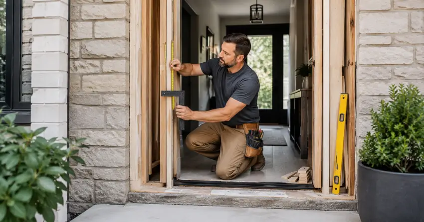 exterior door installer assessing rough opening in Coronation, Cambridge