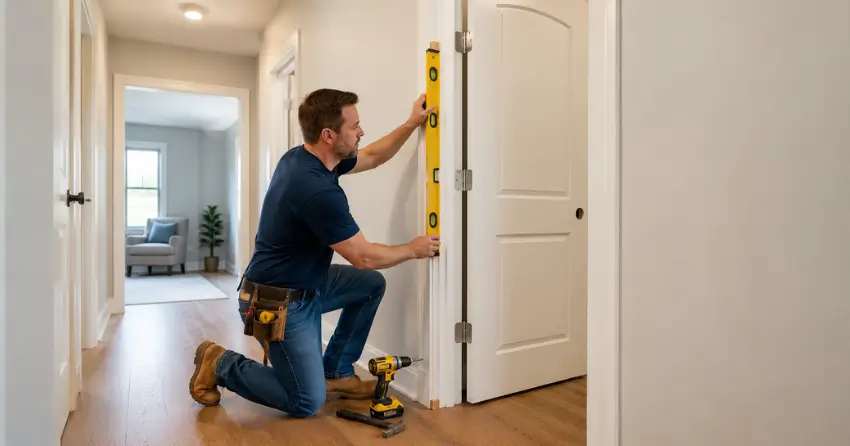 technician installing a pre-hung interior door in a home hallway Fiddlesticks, Cambridge