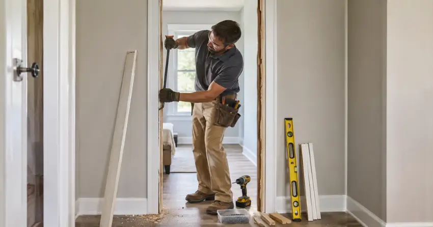 technician removing an old interior door frame during installation Cambridge
