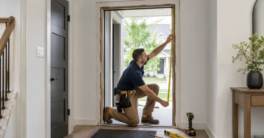 technician measuring a door frame before new door installation in Centennial, Cambridge