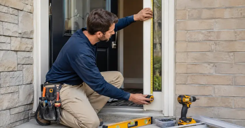 technician measuring door frame before storm door install in Christopher-Champlain, Cambridge
