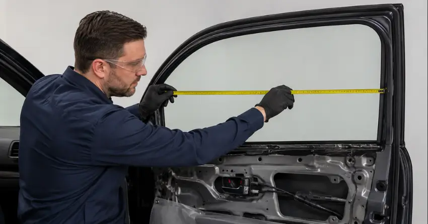 technician measuring door glass opening for replacement in Fiddlesticks, Cambridge