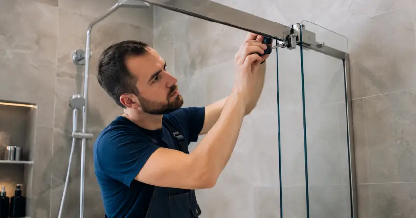 technician adjusting shower door hinge and track in Salisbury, Cambridge