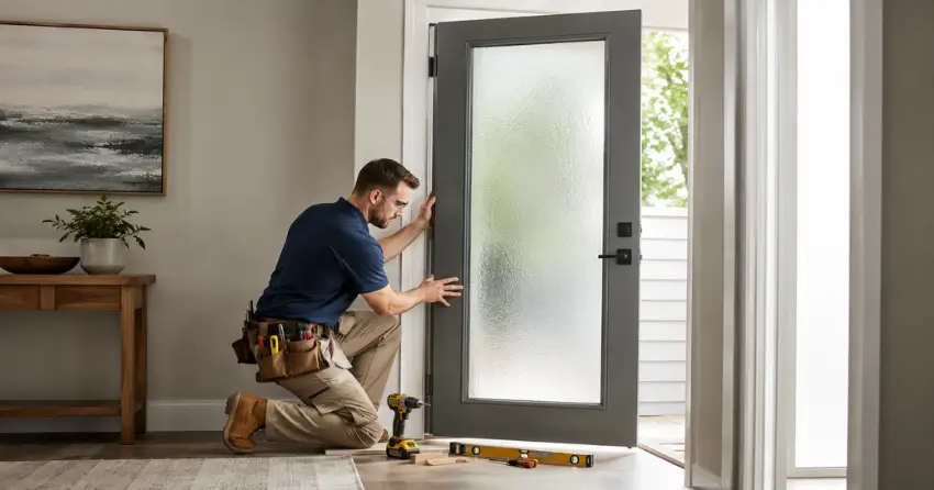 glass panel door installation with frosted privacy glass in residential setting in Cambridge