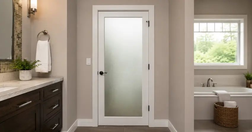 frosted glass panel bathroom door installed in a Hespeler Village, Cambridge home