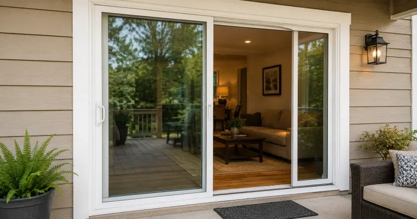 Patio Door Installation technician setting a new frame in Christopher-Champlain, Cambridge