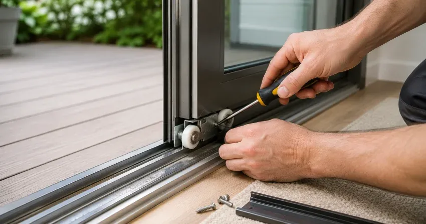 sliding door fix Cambridge technician diagnosing track issue