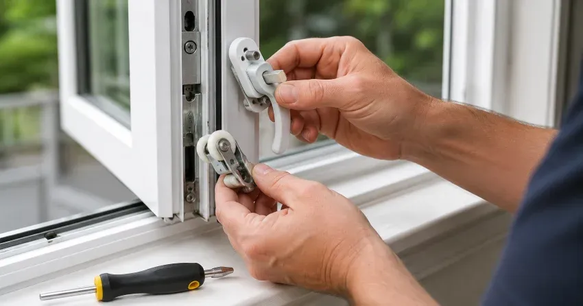 technician performing broken window repair Glenview, Cambridge on a sliding window