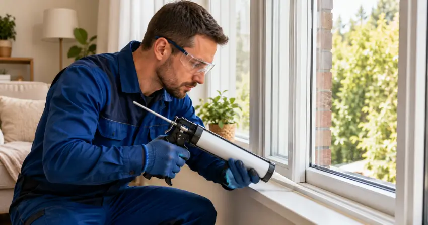 technician repairing window seal and frame in Salisbury, Cambridge