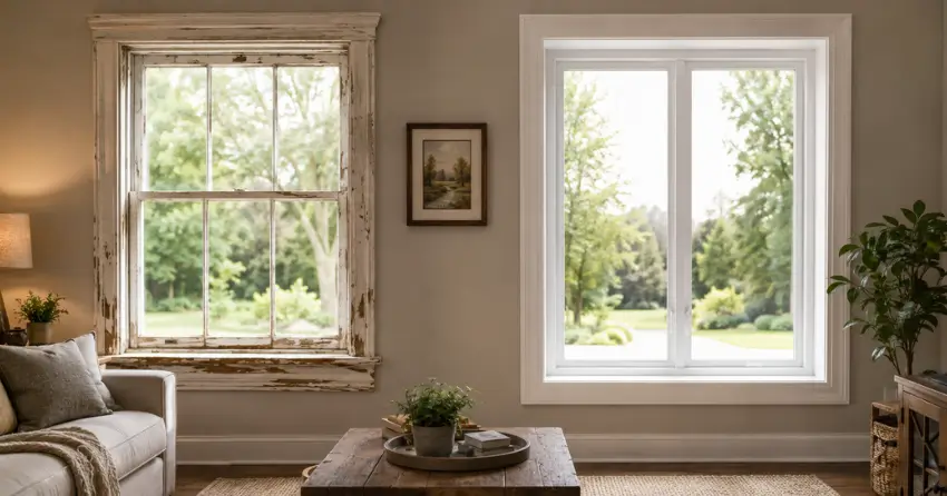 side by side comparison of old and new window in Cambridge