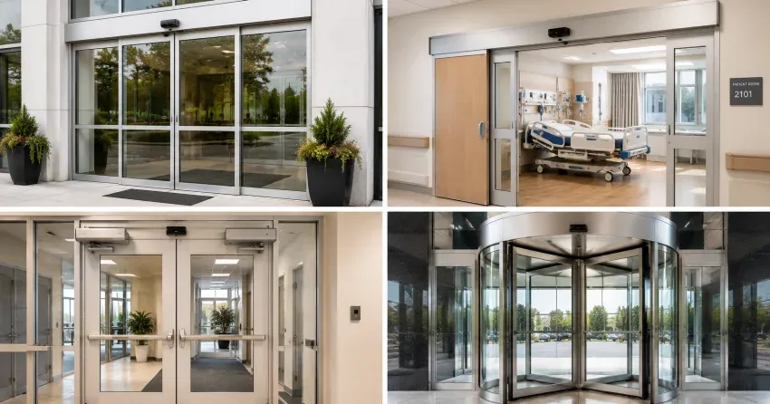automatic door services technician completing system diagnostic in Cambridge