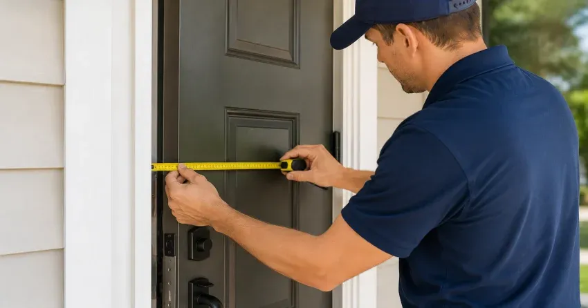 technician adjusting door hinge for alignment in Westview, Cambridge