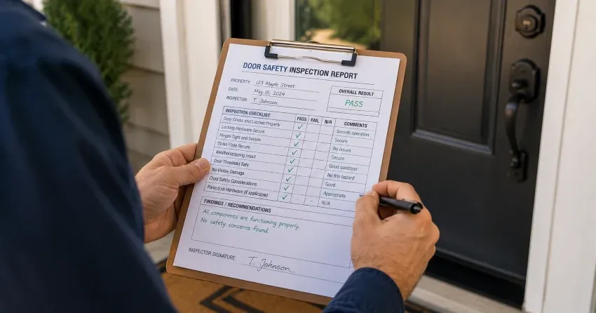inspector checking strike plate and door frame during safety inspection in Glenview, Cambridge