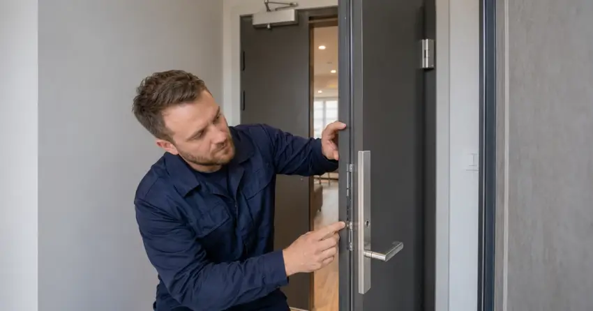 technician inspecting fire-rated door seal and hardware in Cambridge