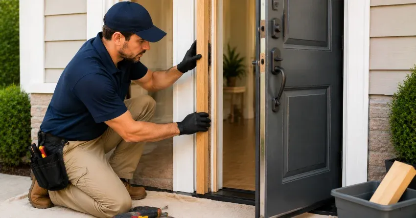 technician inspecting damaged door frame corner in Cambridge