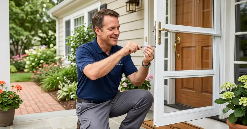 technician adjusting storm door hinge and closer in Cambridge