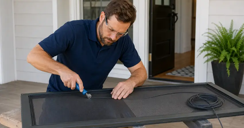 technician replacing screen door mesh and spline in Cambridge