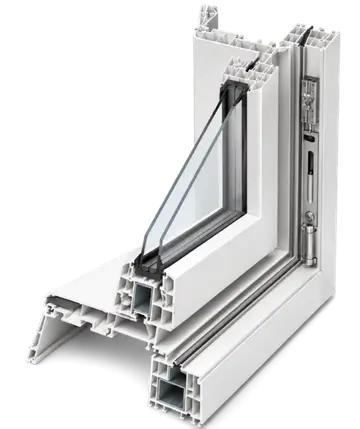 Window frame cutaway revealing internal chambers and the steel reinforcement
